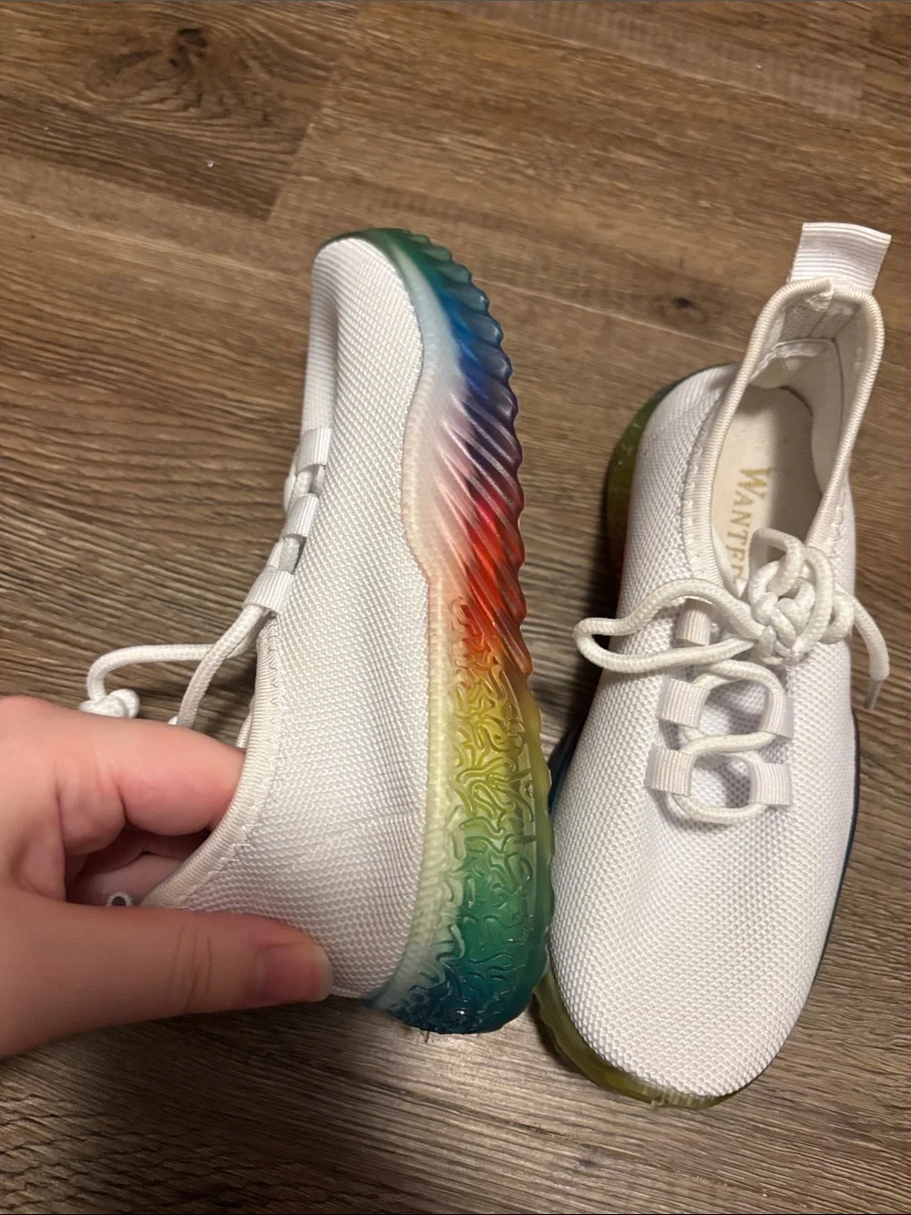 kids white and rainbow sneakers